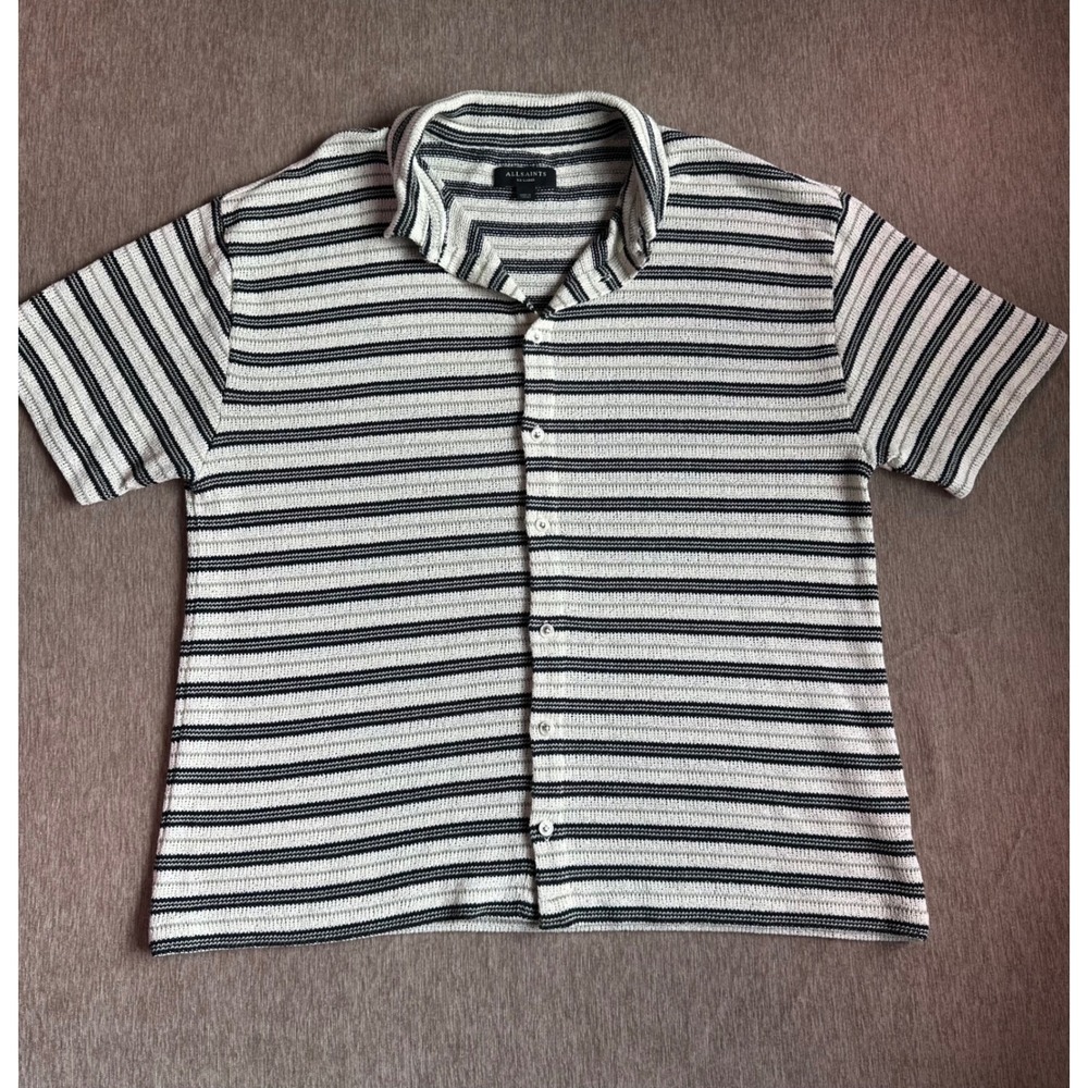 AllSaints Mens XXL Striped Crochet Knit Short Sleeve Button Up Shirt Black White